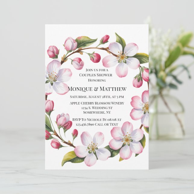 Watercolor Apple Cherry Blossom Couples Shower Invitation (Standing Front)