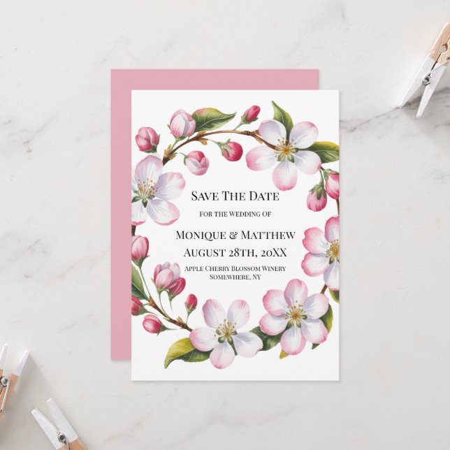 Watercolor Apple Cherry Blossom Save the Date Invitation (Front/Back In Situ)