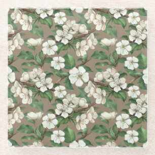 Watercolor Apple Flowers: Vintage Pattern. Glass Coaster
