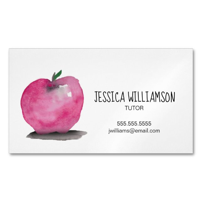 Watercolor APPLE modern Teacher TUTOR Magnetic Business Card (Front)