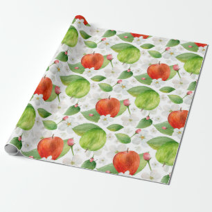 Watercolor apples. Green and red fruits. Garden Wrapping Paper