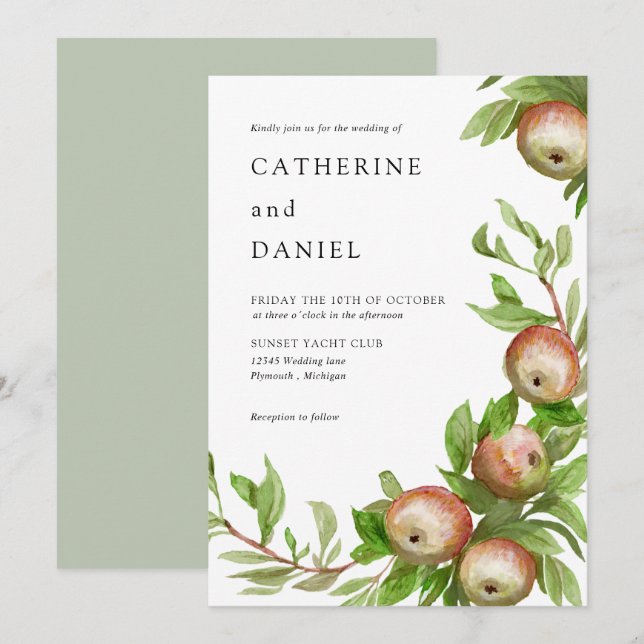Watercolor apples wedding invitation (Front/Back)