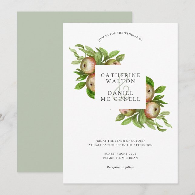 Watercolor apples wedding invitation (Front/Back)