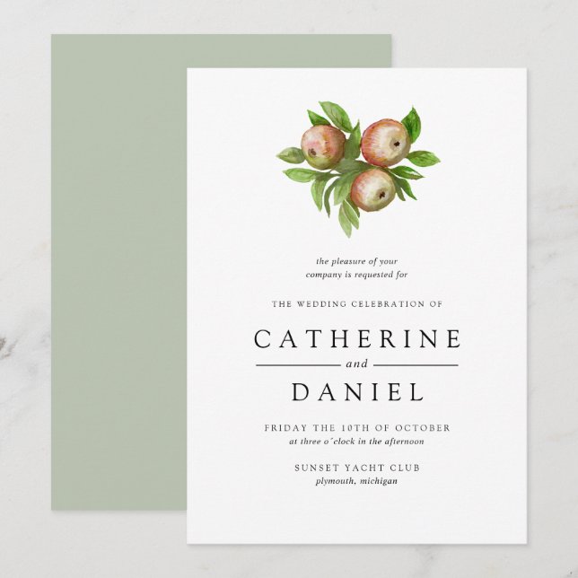 Watercolor apples wedding invitation (Front/Back)