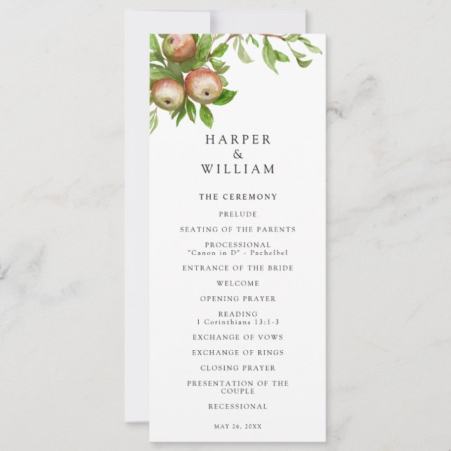 Watercolor apples wedding program invitation (Front)