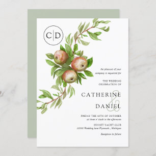 Watercolor apples with monogram wedding invitation