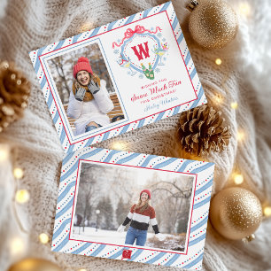 Watercolor Apres-Ski Monogram Crest Christmas Holiday Card