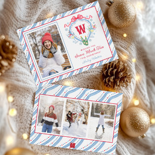 Watercolor Apres-Ski Monogram Crest Christmas Holiday Card