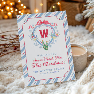 Watercolor Apres-Ski Monogram Crest Christmas Holiday Card