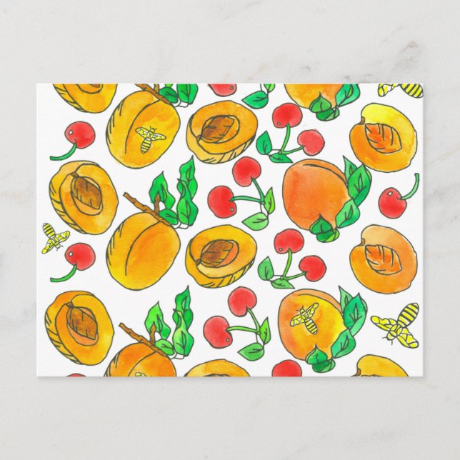 Watercolor Apricot Fruit Cherries Bees Postcard (Front)