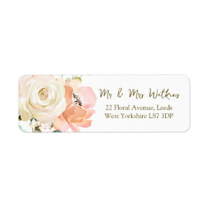 Watercolor Apricot White Roses return address Labe