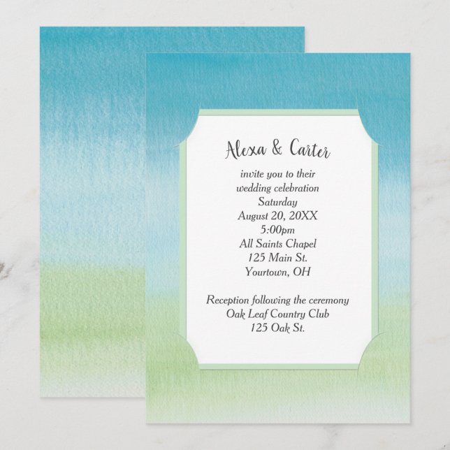 Watercolor Aqua And Green Wedding Invitation (Front/Back)