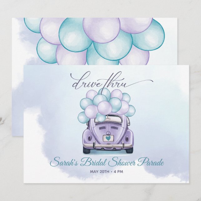 Watercolor Aqua and Lilac DriveThru Bridal Shower Invitation (Front/Back)