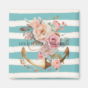Watercolor Aqua Beach Stripes Floral Anchor Magnet
