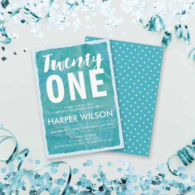 Watercolor Aqua Blue 21st Birthday Invitation (Creator Uploaded)
