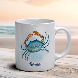 Watercolor Aqua Blue Crab Personalised Coastal Coffee Mug