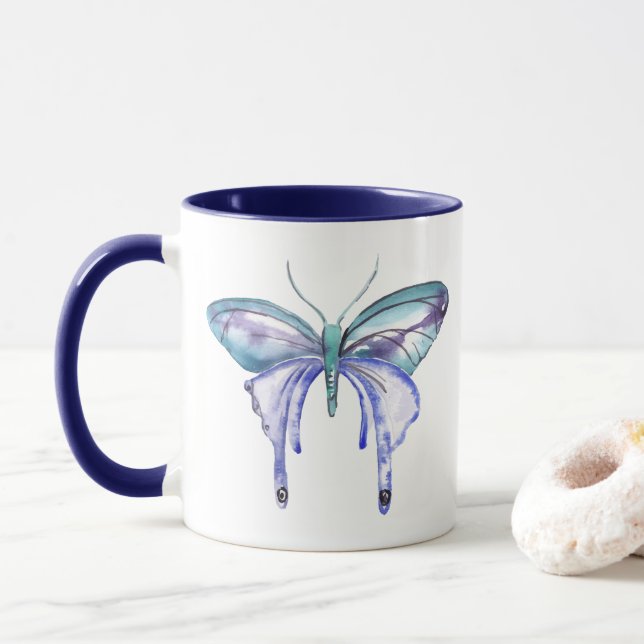 watercolor aqua blue purple butterfly mug (With Donut)