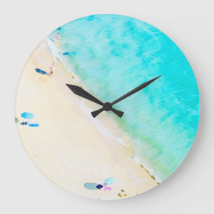 Watercolor Aqua Blue Tropical Beach Large Clock