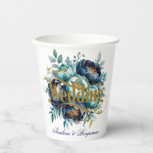 Watercolor Aqua Navy Blue Peony Floral Wedding Paper Cups