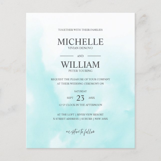 Watercolor Aqua Plain Elegant Budget Wedding (Front)