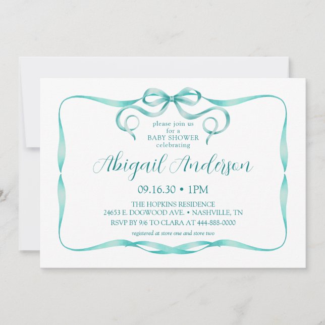 Watercolor Aqua Ribbon Baby Shower Invitation (Front)