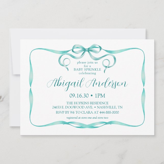 Watercolor Aqua Ribbon Baby Sprinkle Invitation (Front)