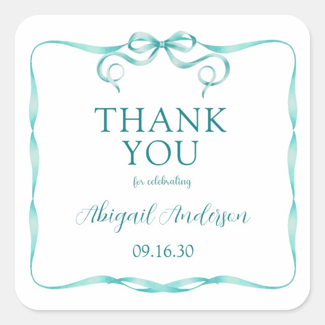 Watercolor Aqua Ribbon Baby Sprinkle Thank You Square Sticker (Front)