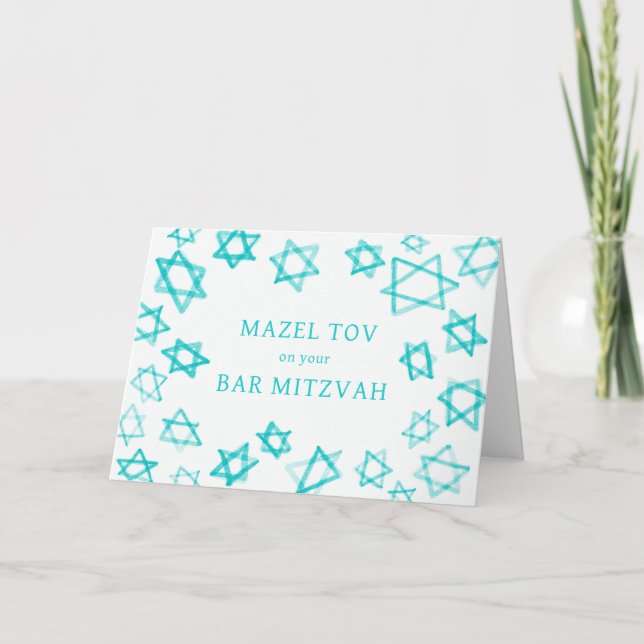 Watercolor Aqua Stars MAZEL TOV Bar Bat Mitzvah  Card (Front)
