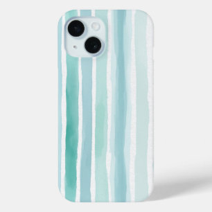 Watercolor Aqua Vertical Stripe Pattern Coastal iPhone 15 Case