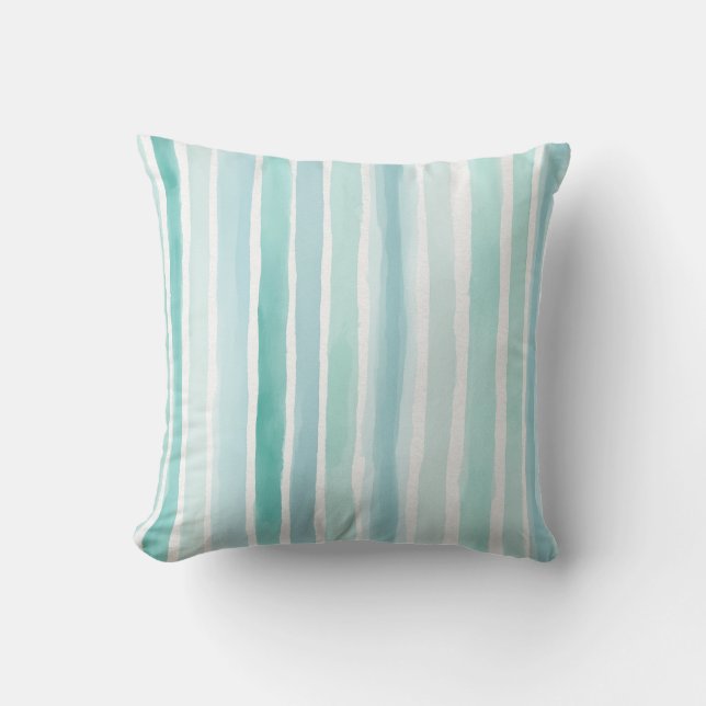 Watercolor Aqua Vertical Stripe Pattern Coastal  Cushion (Front)