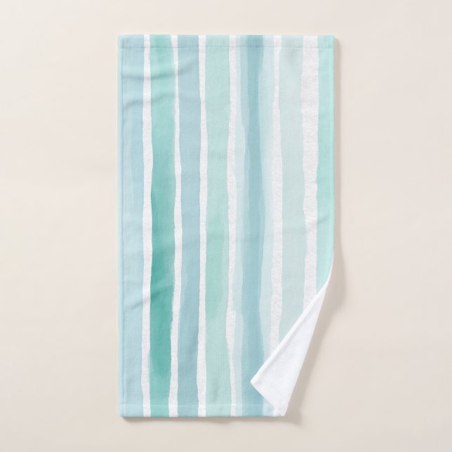 Watercolor Aqua Vertical Stripe Pattern Coastal  Hand Towel (Hand Towel)