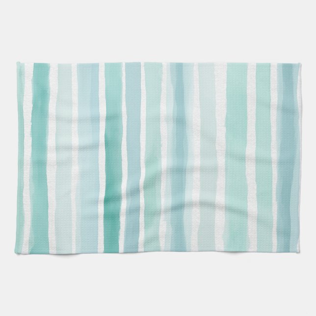Watercolor Aqua Vertical Stripe Pattern Coastal  Tea Towel (Horizontal)
