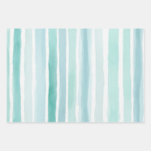 Watercolor Aqua Vertical Stripe Pattern Coastal Wrapping Paper Sheet