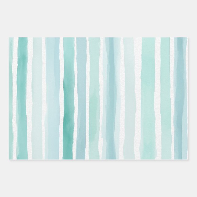 Watercolor Aqua Vertical Stripe Pattern Coastal  Wrapping Paper Sheet (Front)