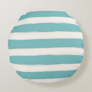 Watercolor Aqua White Beach Stripes Round Cushion