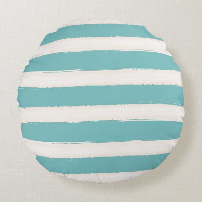 Watercolor Aqua White Beach Stripes Round Cushion (Front)