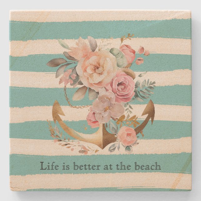 Watercolor Aqua White Beach Stripes Stone Coaster (Front)