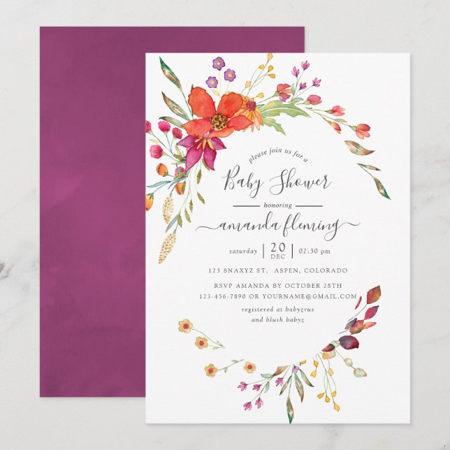 Watercolor Aquarelle Wild Flower Baby Shower Invitation (Front/Back)
