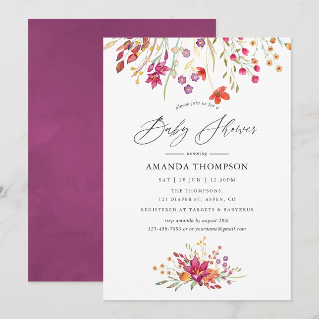 Watercolor Aquarelle Wild Flower Baby Shower Invitation (Front/Back)