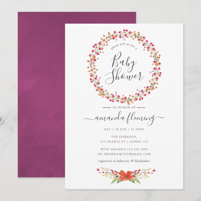 Watercolor Aquarelle Wild Flower Baby Shower Invitation (Front/Back)
