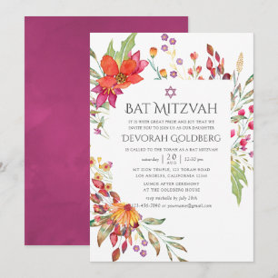 Watercolor Aquarelle Wild Flower Bat Mitzvah Invitation