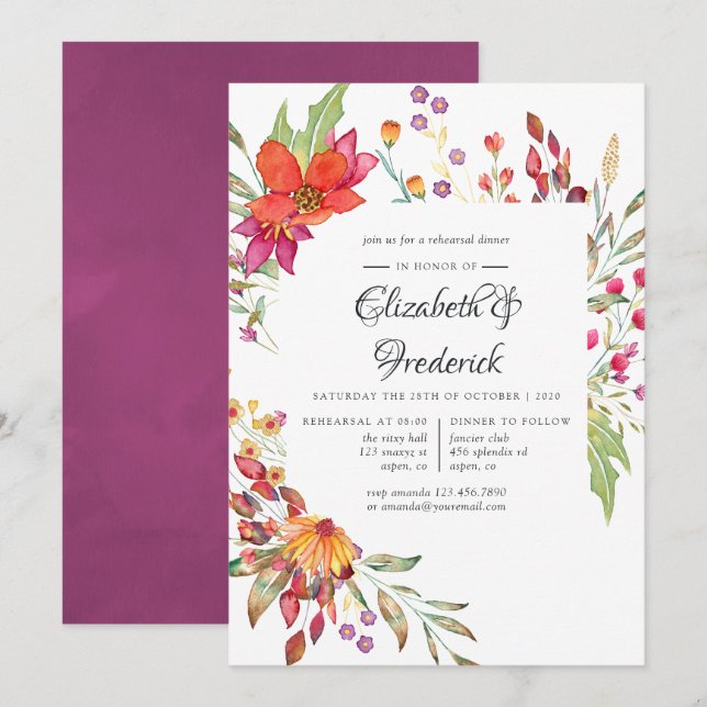 Watercolor Aquarelle Wild Flower Rehearsal Dinner Invitation (Front/Back)