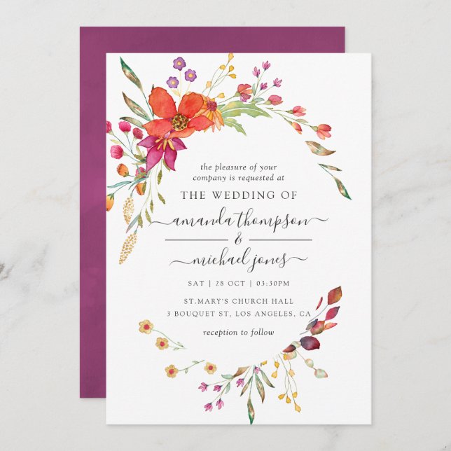 Watercolor Aquarelle Wild Flower Wedding Invitation (Front/Back)