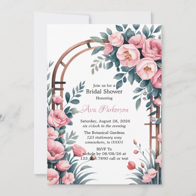 Watercolor Arch Pink & Blue Blooms Bridal Shower Invitation (Front)