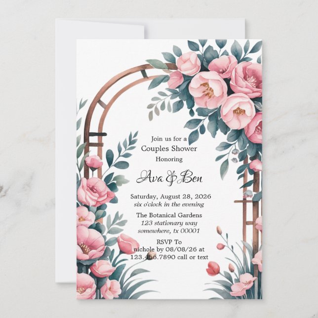 Watercolor Arch Pink & Blue Blooms Couples Shower Invitation (Front)