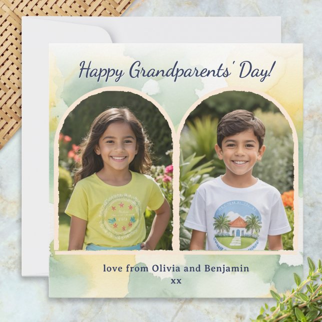 Watercolor Arches 2 Photos Grandparents' Day Card (An elegant card with 'Happy Grandparents' Day' greeting and 2 custom photos in arch-shaped 'frames')