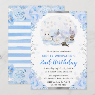 Watercolor Arctic Animals Floral 2nd Birthday Invitation