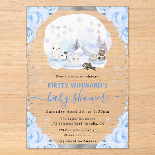 Watercolor Arctic Animals Floral Baby Shower Acrylic Invitations