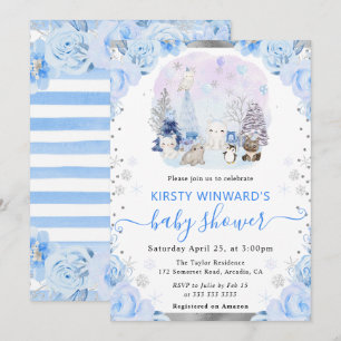 Watercolor Arctic Animals Floral Baby Shower Invitation