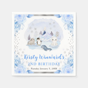 Watercolor Arctic Animals Floral Kids Birthday Napkin